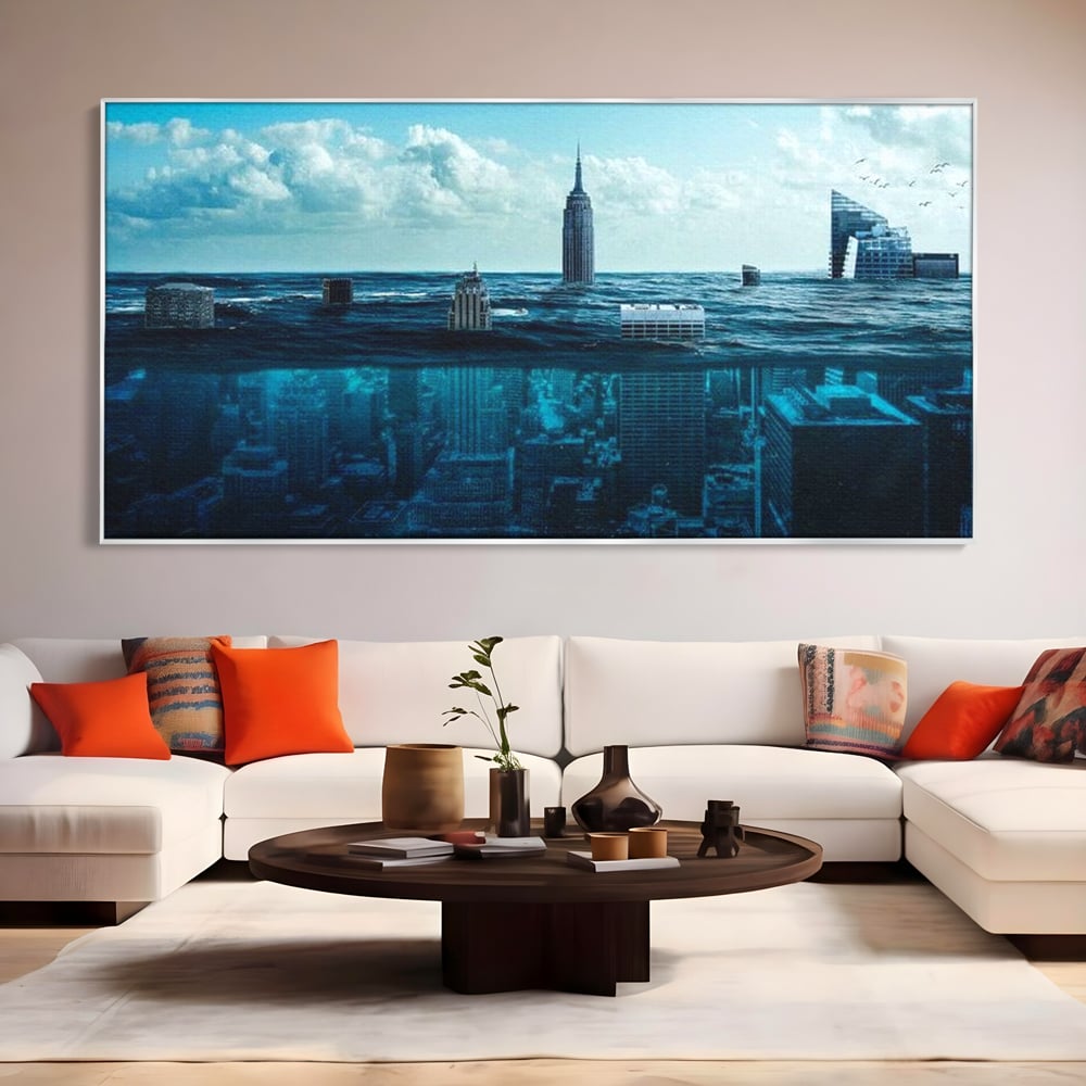 Tablou canvas cu ilustratie digitala cu oras scufundat in ocean, in rama de aluminiu argintiu, pe perete intr-un living
